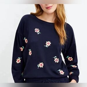 Lou & Grey Blue Floral Embroidered Cotton Terry Pullover Sweatshirt Womens Small